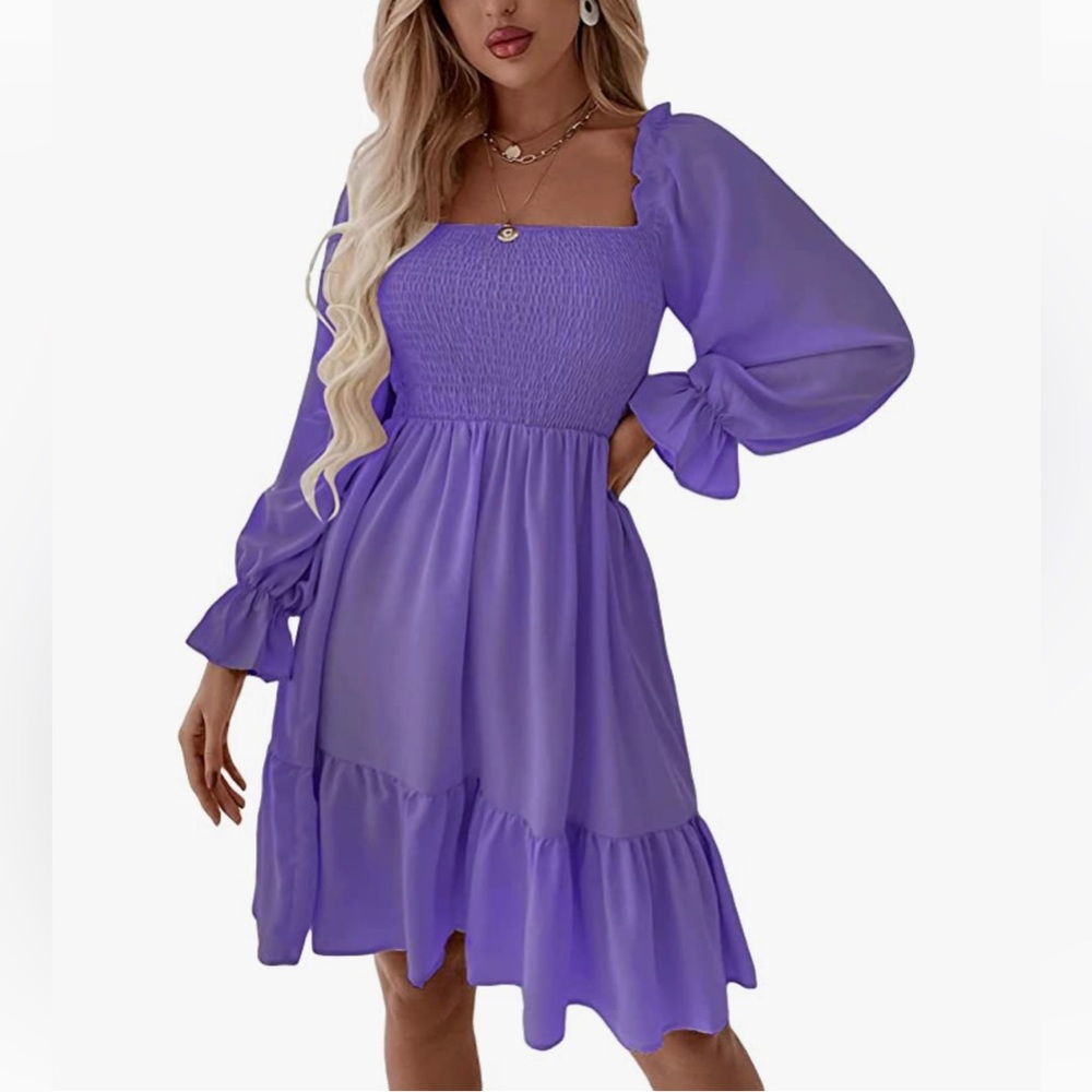 Purple SheIn Women's Shirred Ruffle Long Sleeve Mini  A Line Short Dress